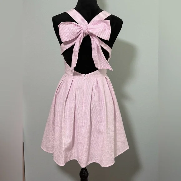 LAUREN JAMES Seersucker Livingston Crossback Back Bow Mini Dress - Small - Picture 4 of 9